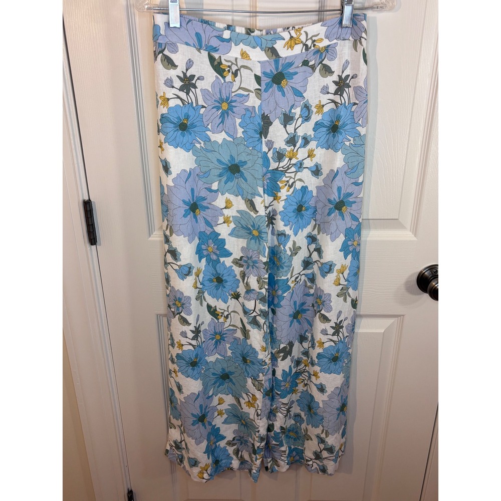 Philosophy Republic Clothing Linen Blend Floral Wide Leg Pants Blue Yellow S